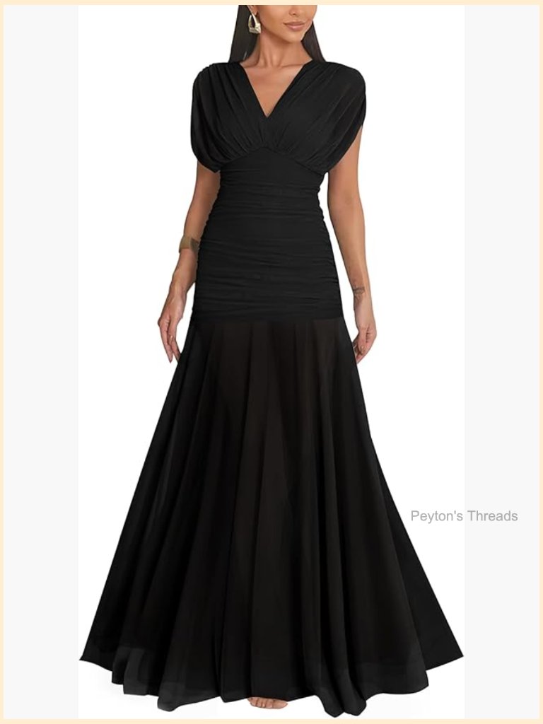 V Neck Mesh Cap Sleeve Bodycon Ruched Ruffle Hem Long Maxi Dress Formal